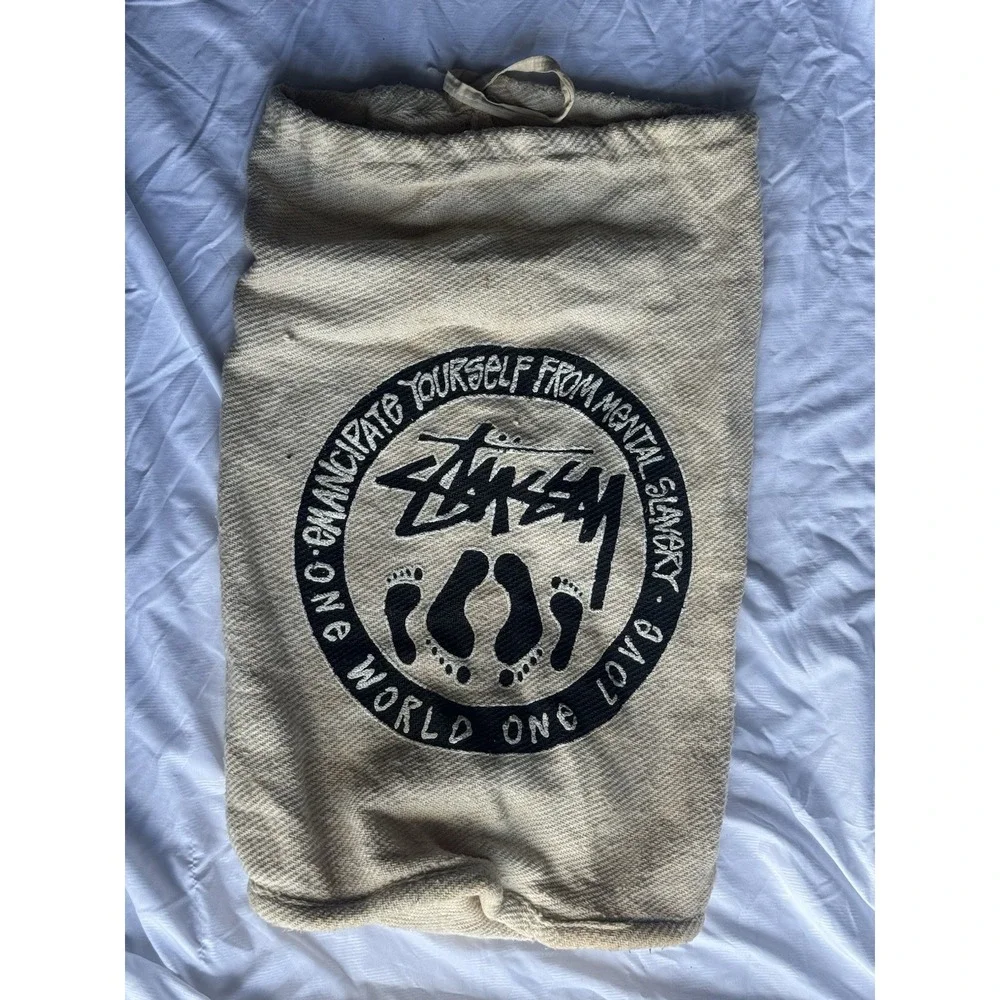Stüssy World One Love Canvas Drawstring Bag Natural Beige Streetwear Gym Sack